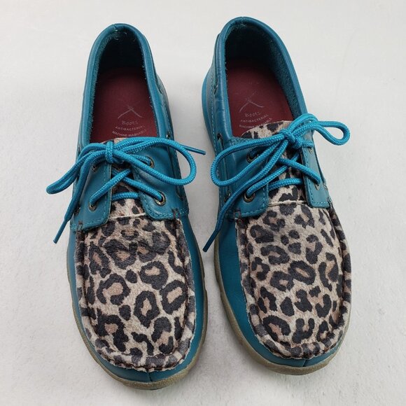 Twisted X Shoes - Twisted X Driving Moc Shoe Womens 7.5 Blue Leather Leopard Print Slip On Boat